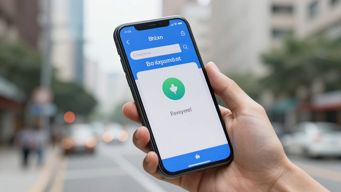 Hand using smartphone for online regional finance payment.