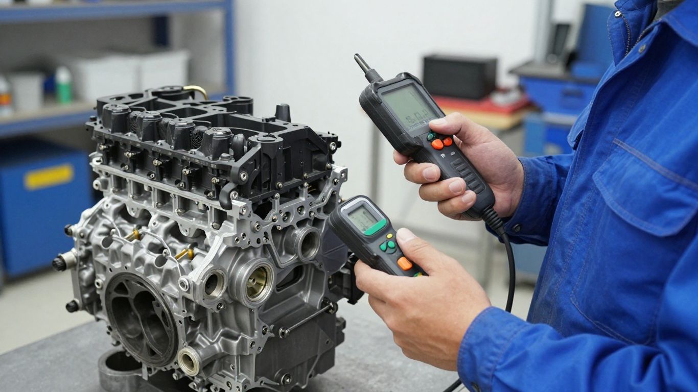 A mechanic inspecting a salvaged transmission