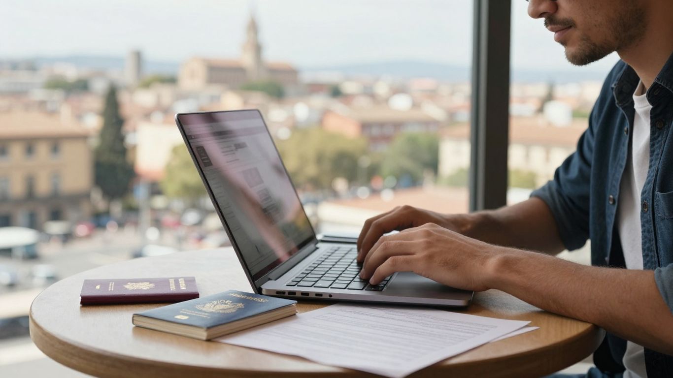 Person working on laptop in Spain with passport.