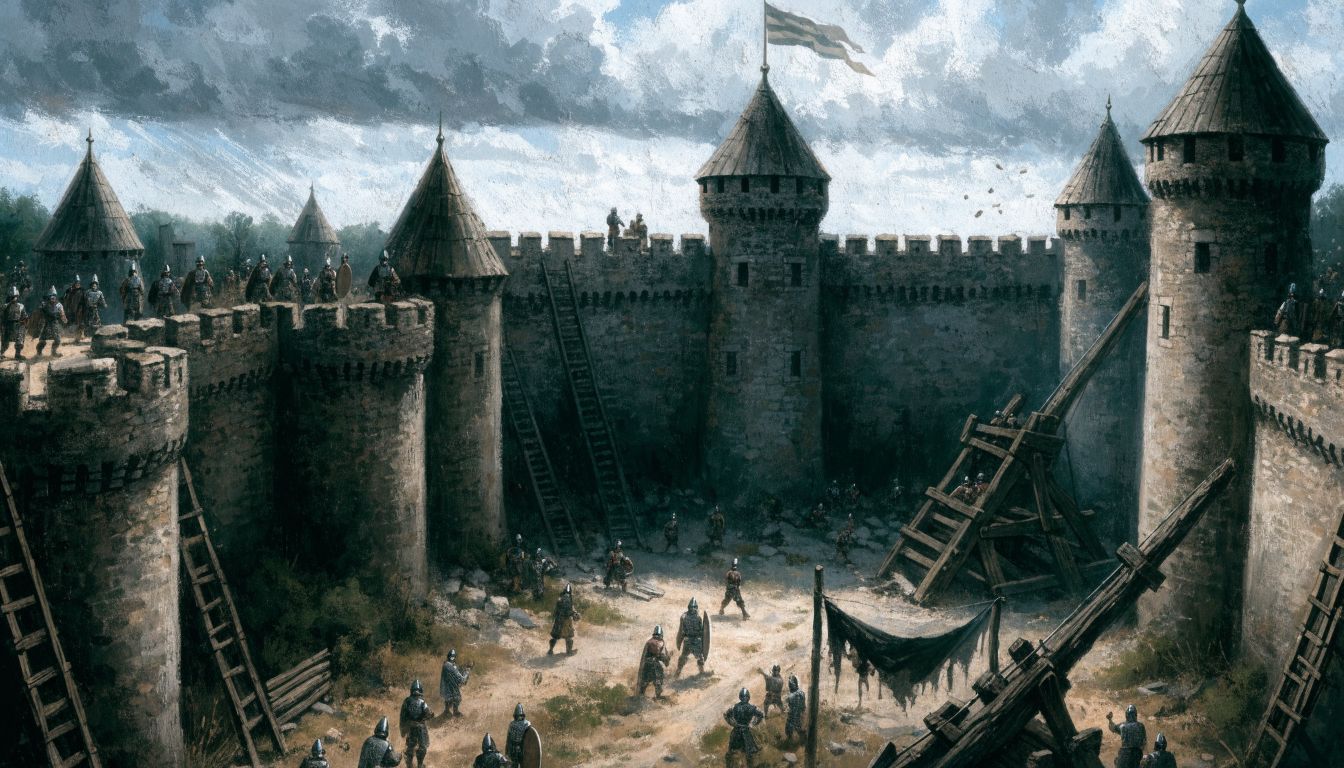 Fortaleza medieval de pedra cercada por muralhas, torres e máquinas de cerco durante uma batalha estratégica