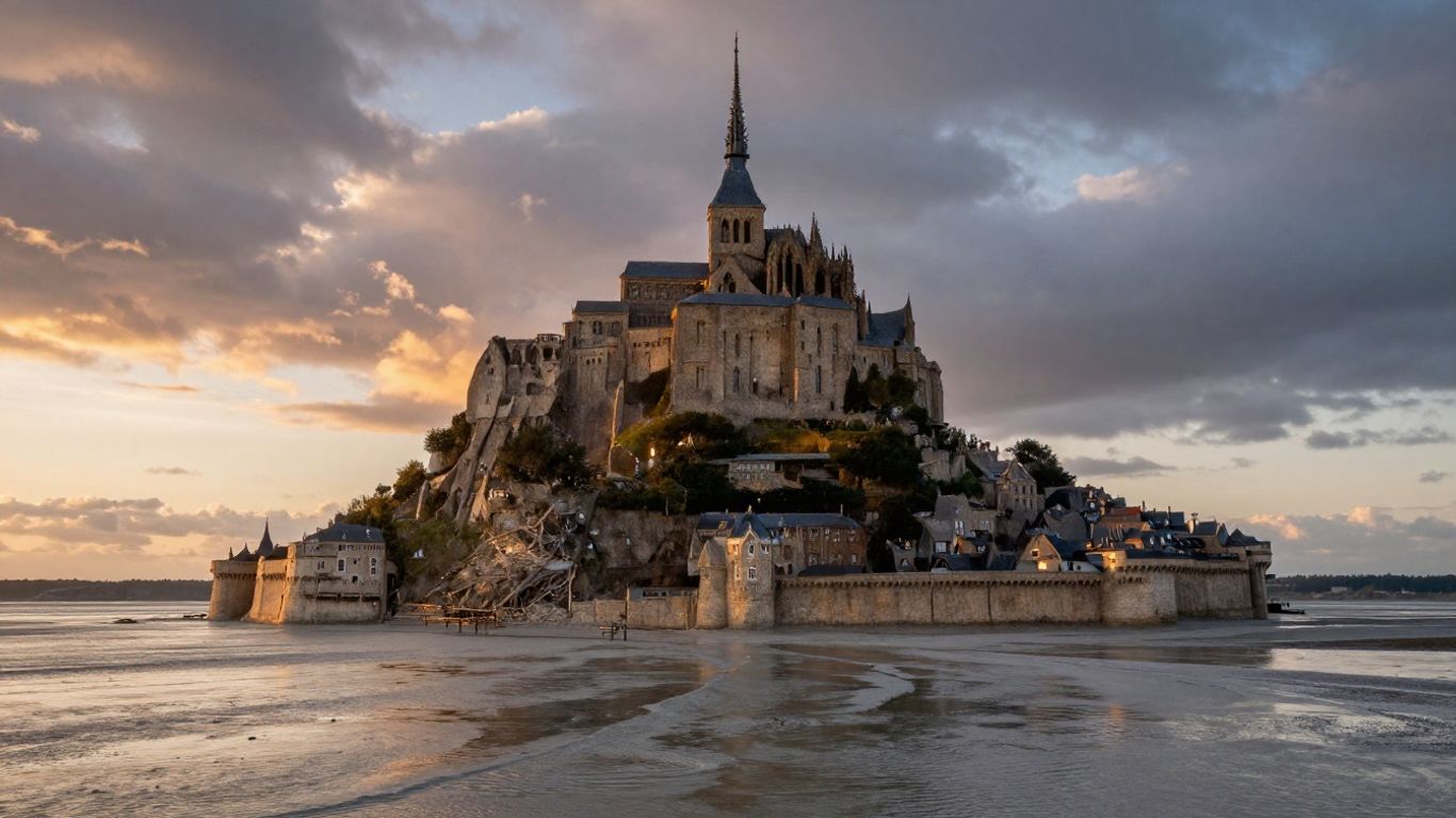 High tide surrounding Mont Saint-Michel abbey