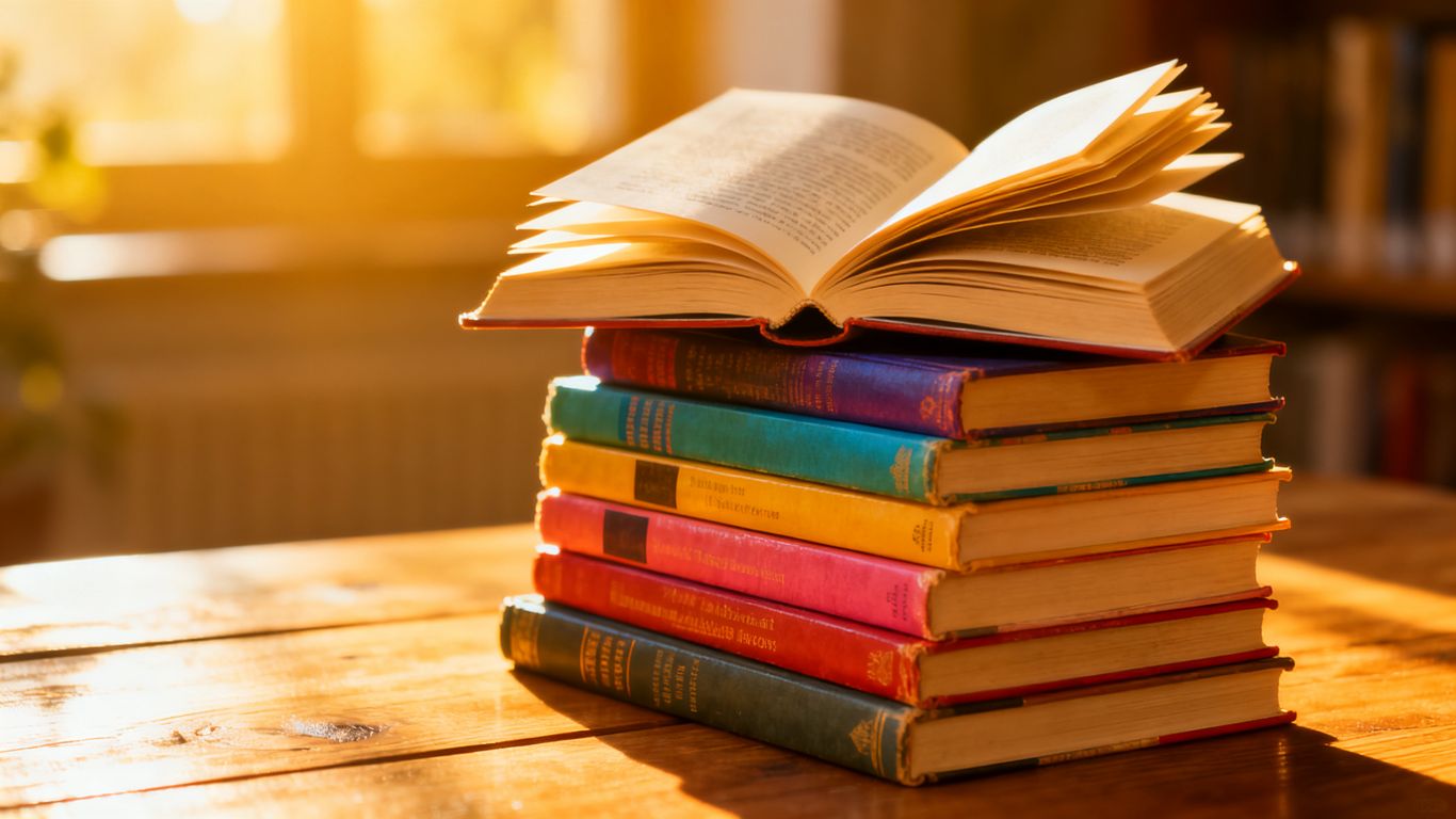 Stack of diverse books with sunlight.