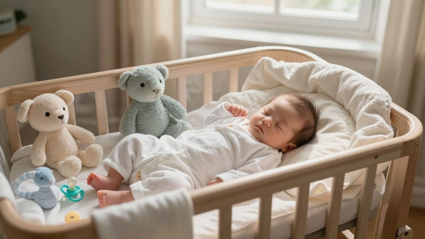 Newborn sleeping peacefully in a bassinet with soft blankets.