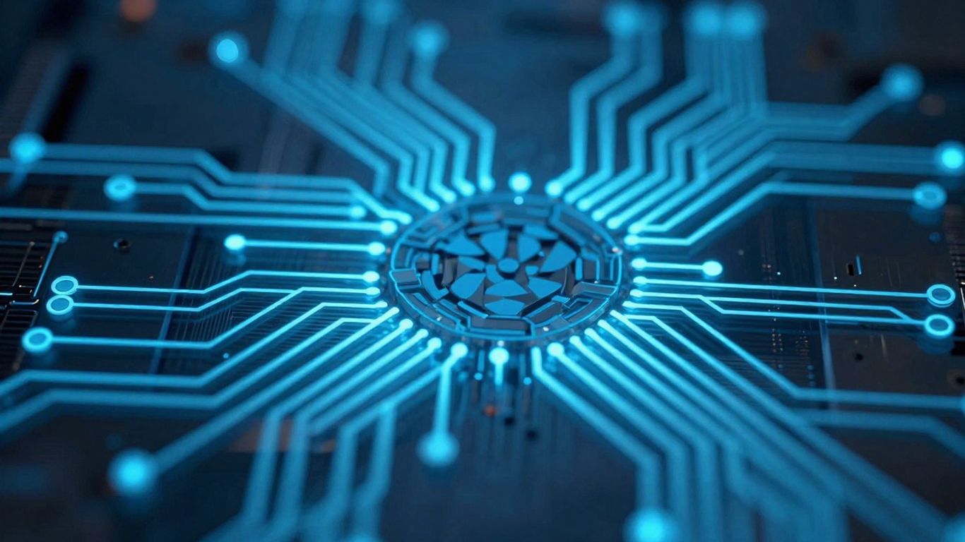 Abstract glowing blue circuitry on a dark background.