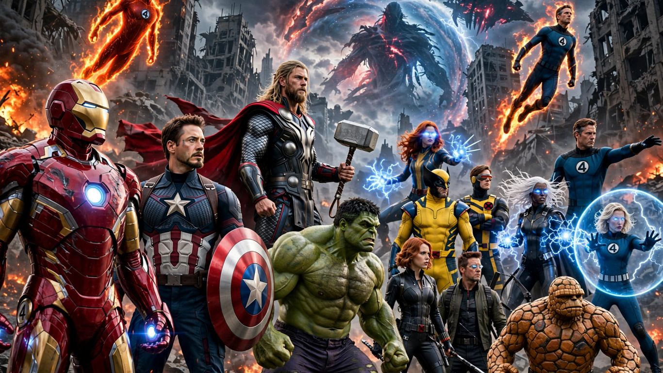Avengers, X-Men, and Fantastic Four unite in a ruined city