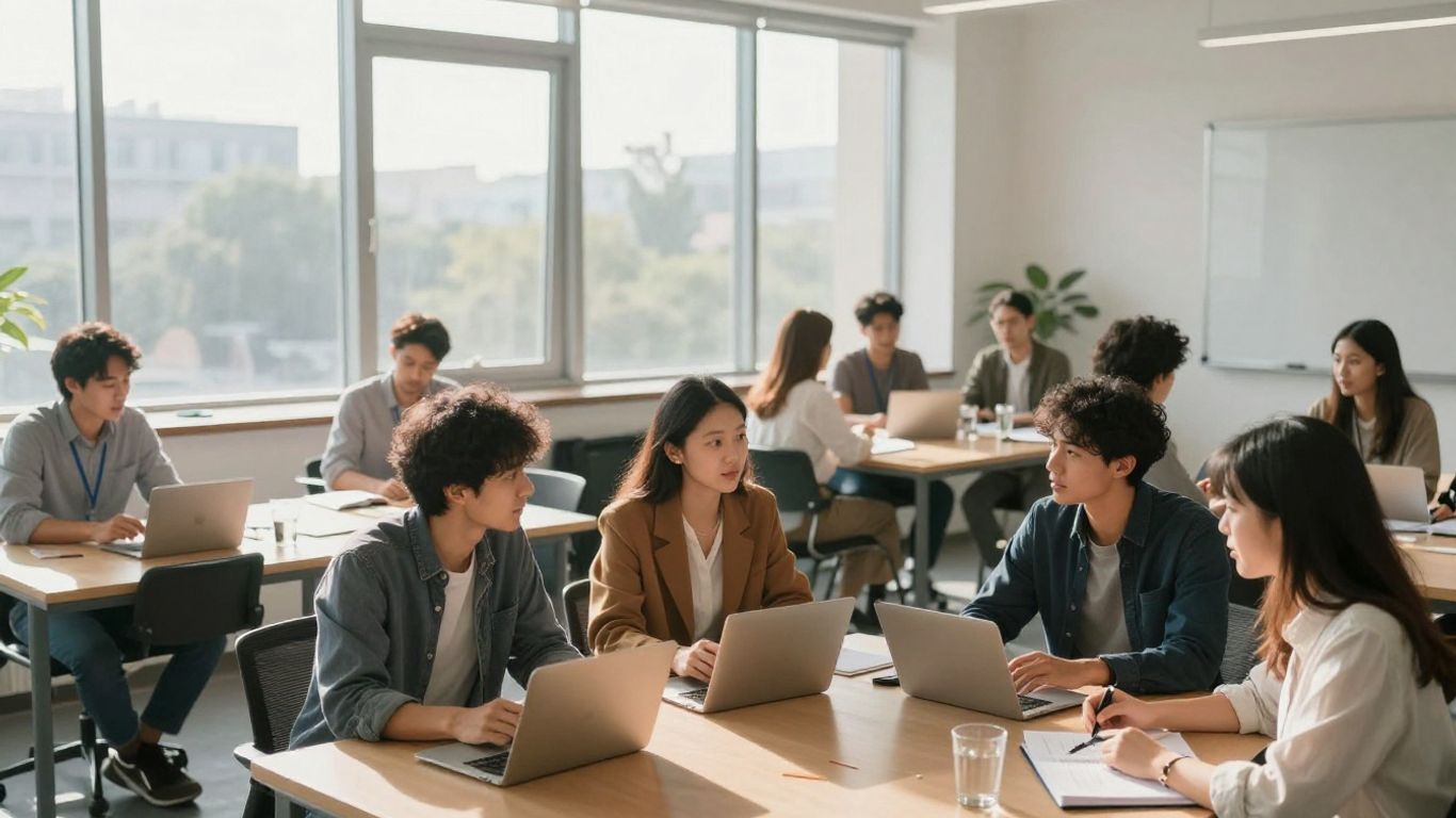 Profesionales globales que aprenden en un entorno educativo moderno y brillante.