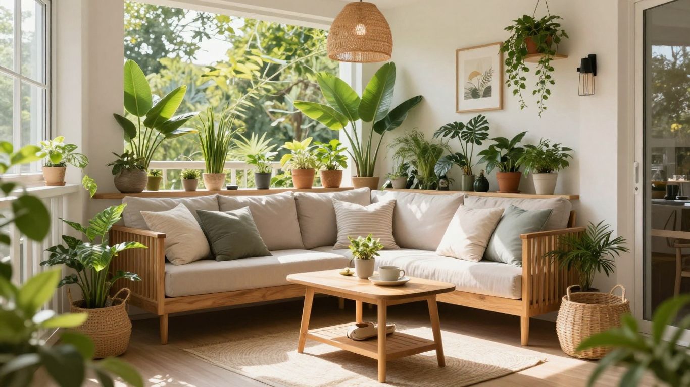 Small Airbnb balcony design with seating and plants.