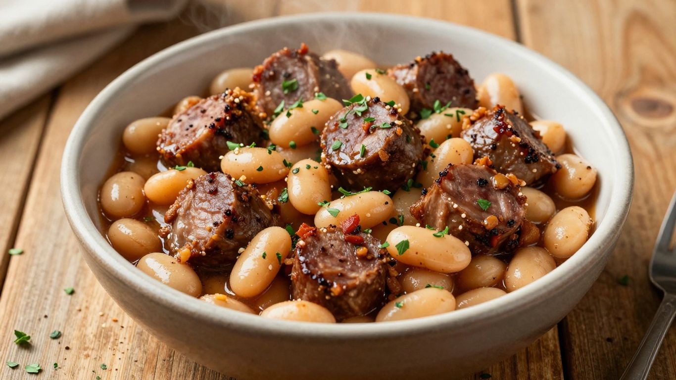 Hearty cassoulet in a rustic bowl with duck and sausage.