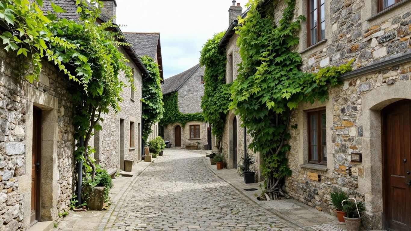 Medieval stone village with cobblestone streets and ivy-covered buildings.