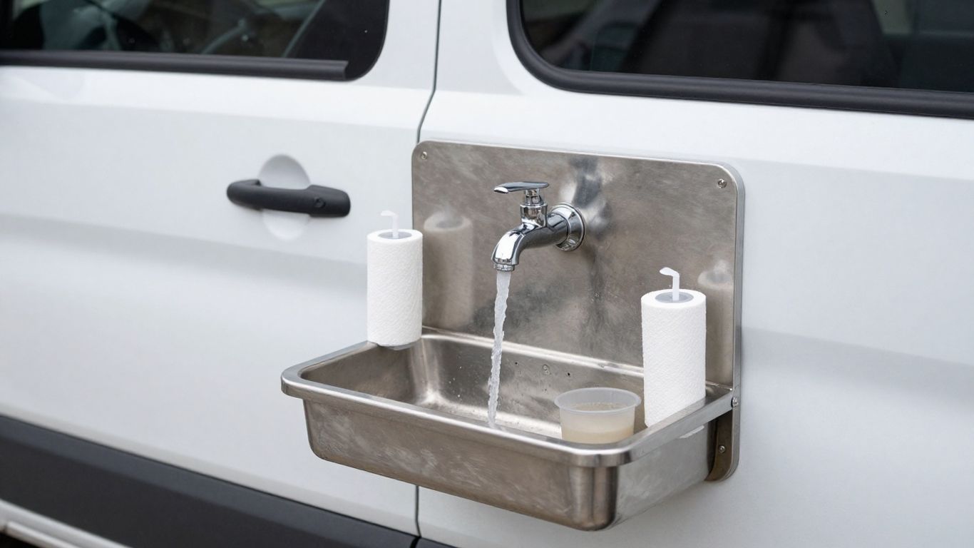 Portable hand washing station on a catering van.