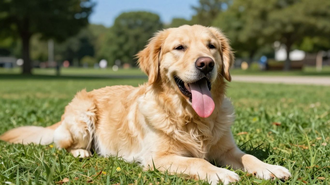 Hund hechelt in der Sommerhitze auf trockenem Gras.