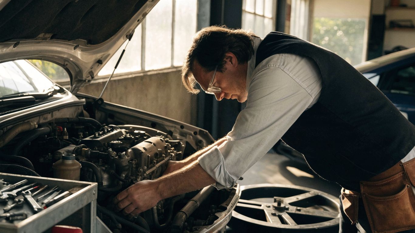 Mechanic reviewing a used engine in workshop