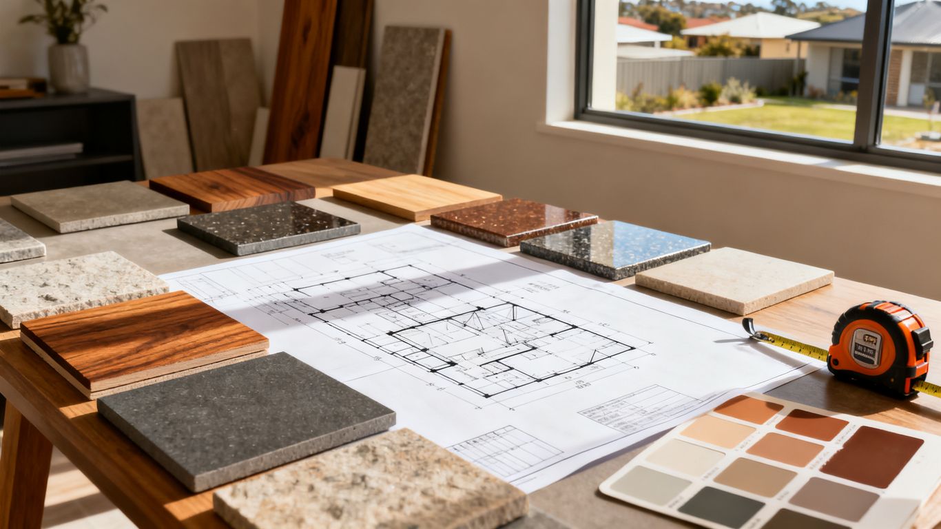 Architectural renovation plans beside material samples