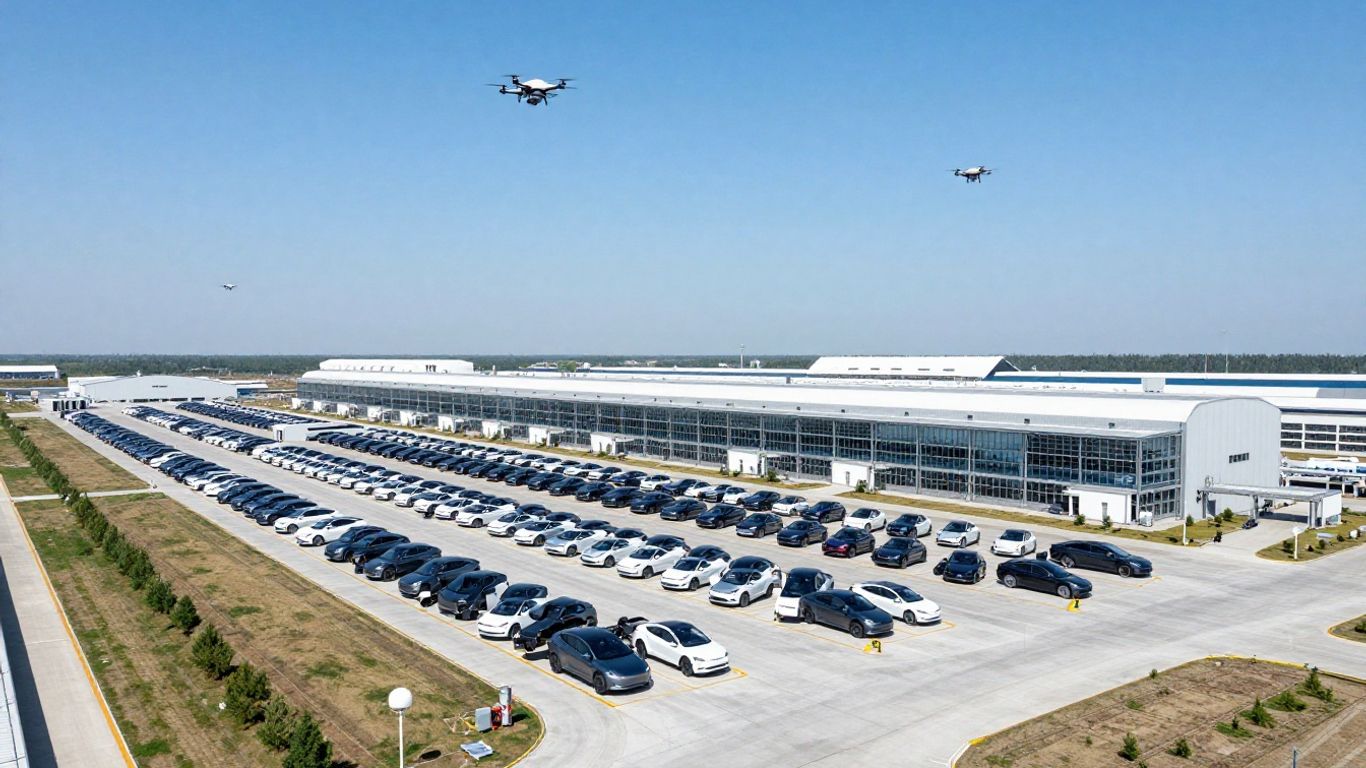 Tesla Gigafactory with cars and drones.
