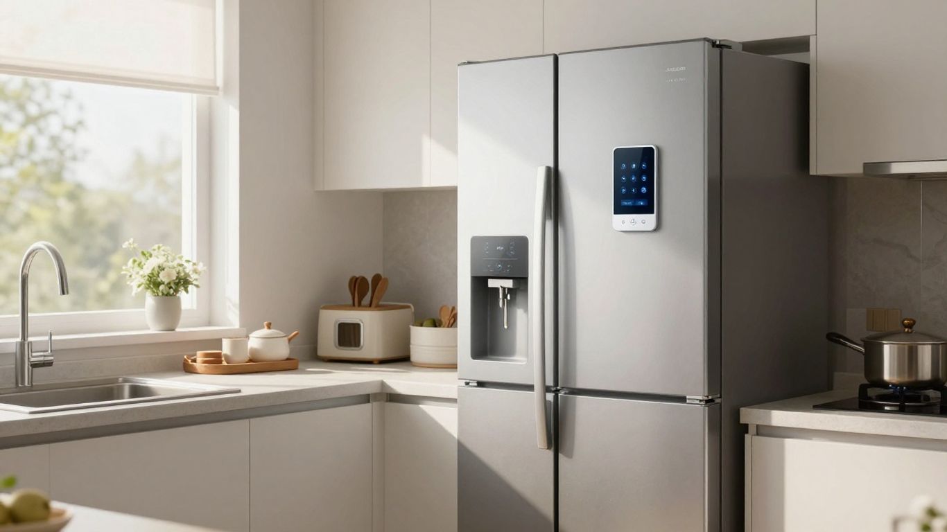 Home appliances and smart thermostat in a modern kitchen.