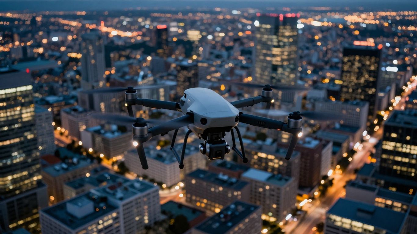 Commercial drone flying over a city at dusk.