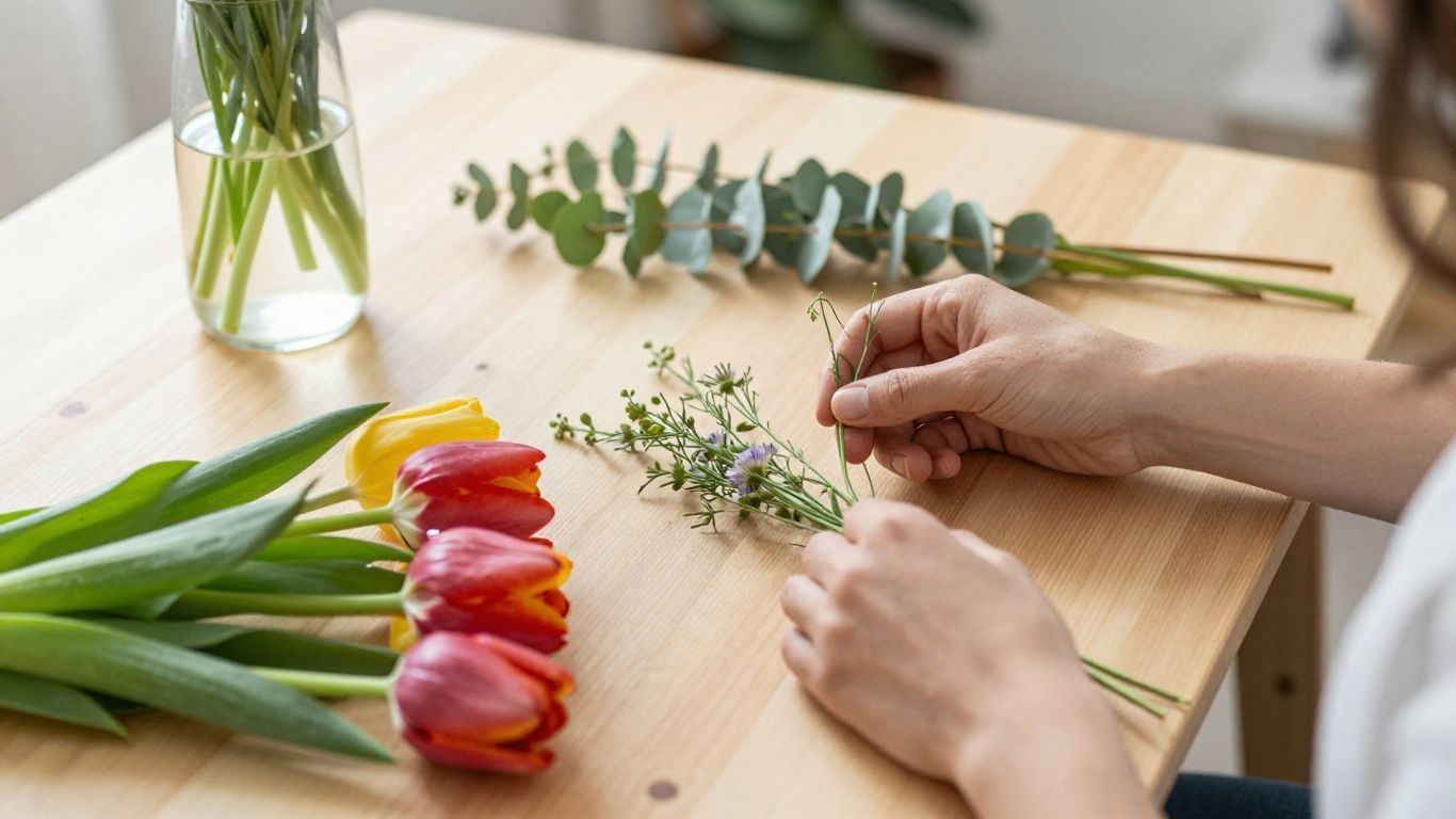 Hands arranging seasonal flowers in a bright room