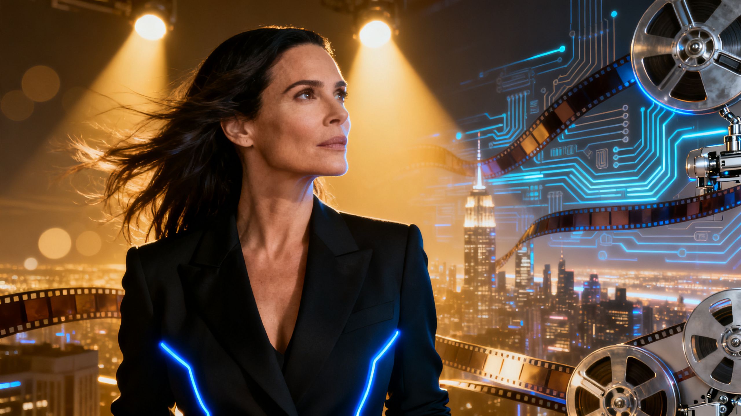 Demi Moore looking thoughtful with AI-inspired background.