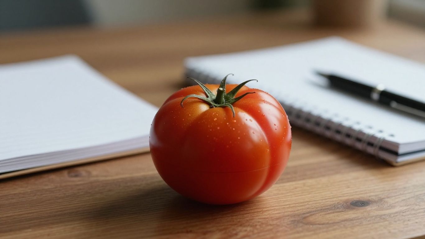 Red tomato timer on a desk with a notebook.
