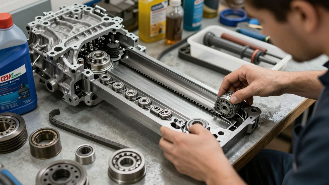 Technician inspecting used CVT pulley and belt components