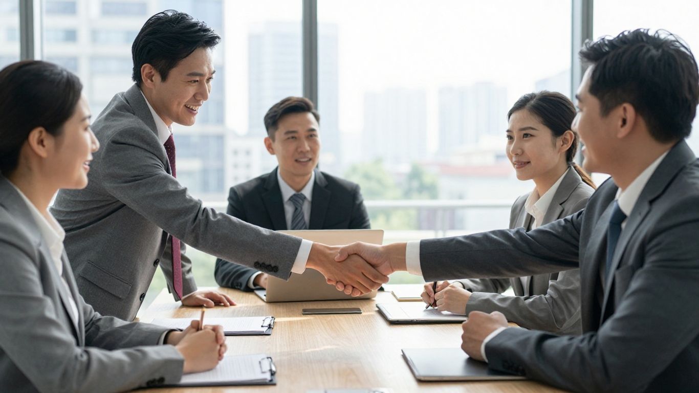 Business professionals shaking hands in a modern office.