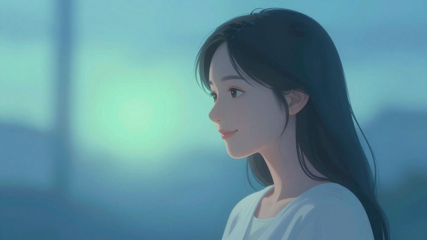Woman with a gentle smile looking towards a soft, glowing light.