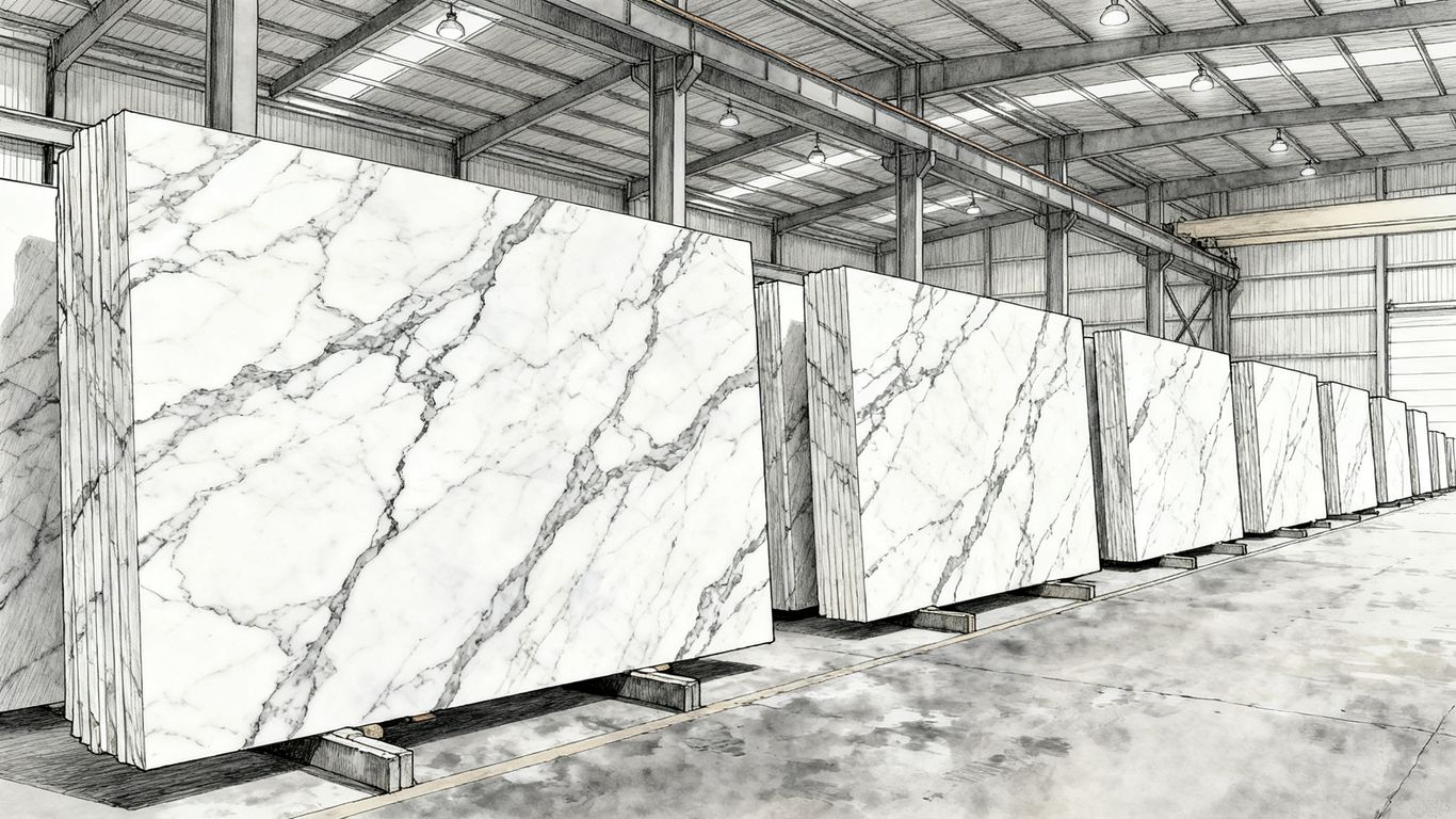 Wide view of stacked stone in warehouse