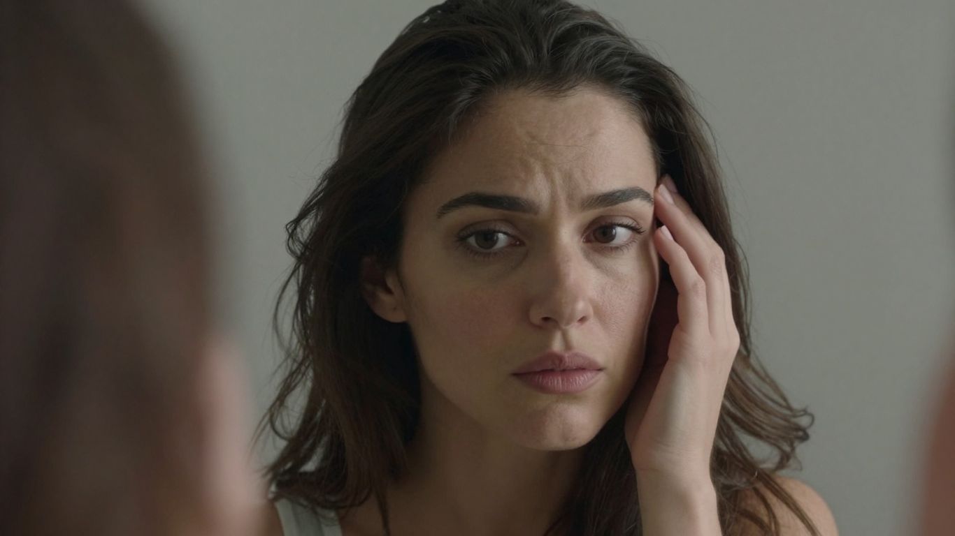 Woman concerned about hair loss looking in mirror.