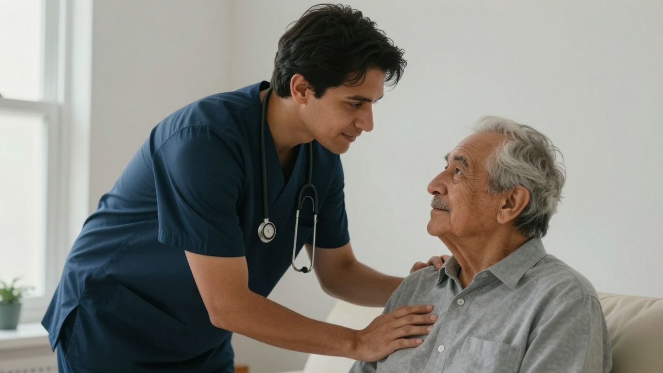 Pflegekraft unterstützt ältere Person mitfühlend.