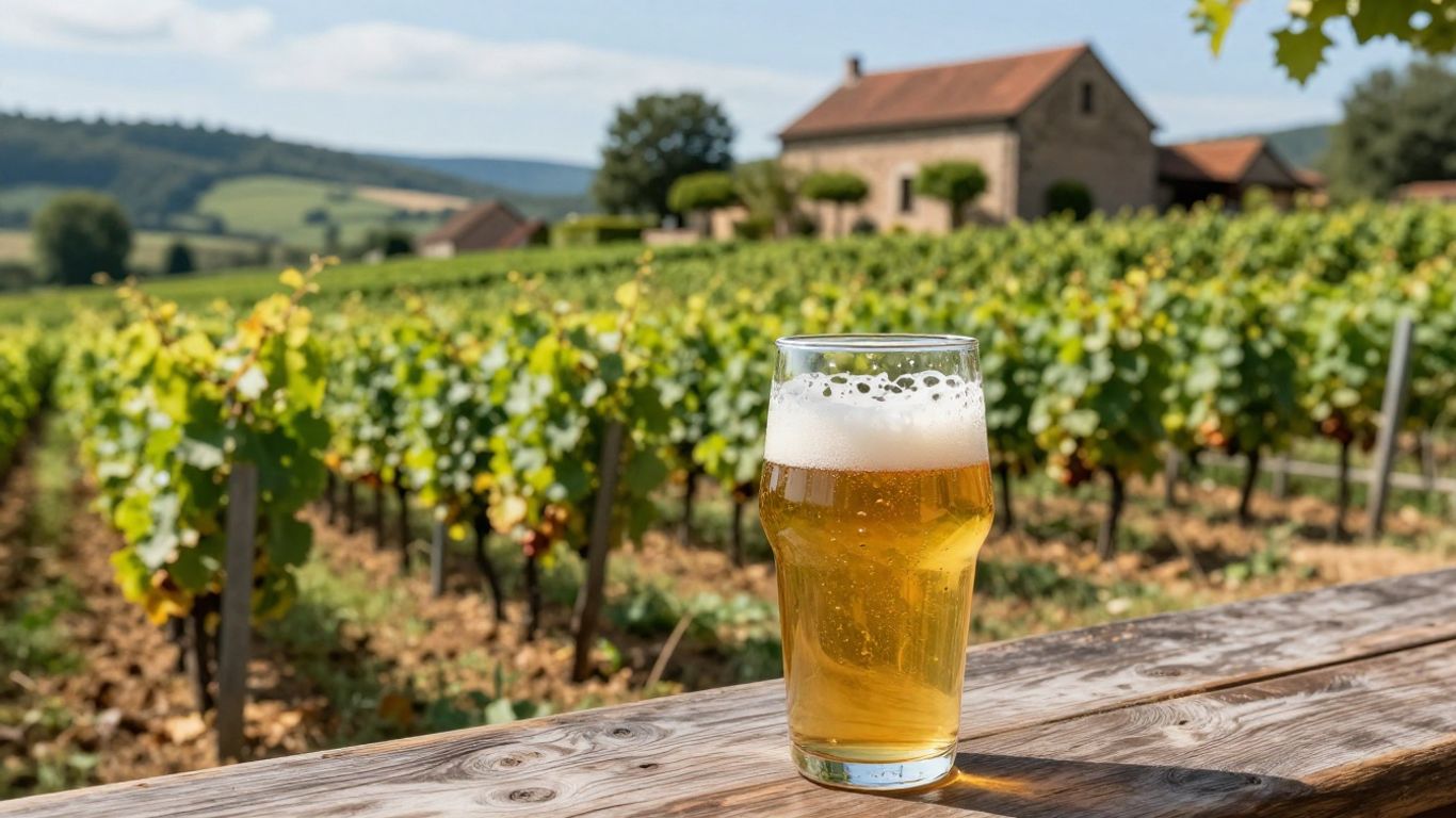 Alsace vineyard with craft beer on a table.