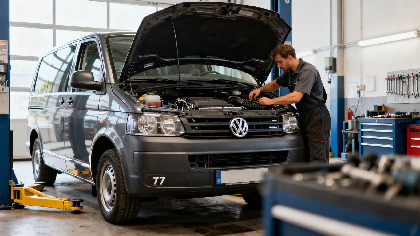 VW T5 auf Werkstattplatz bei Kaufprüfung
