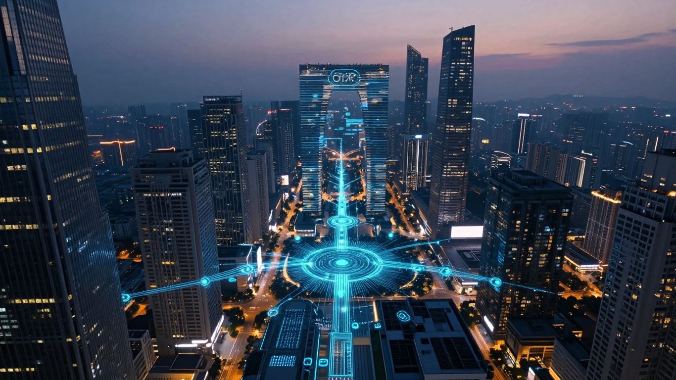 Futuristic cityscape with digital pathways and AI patterns.