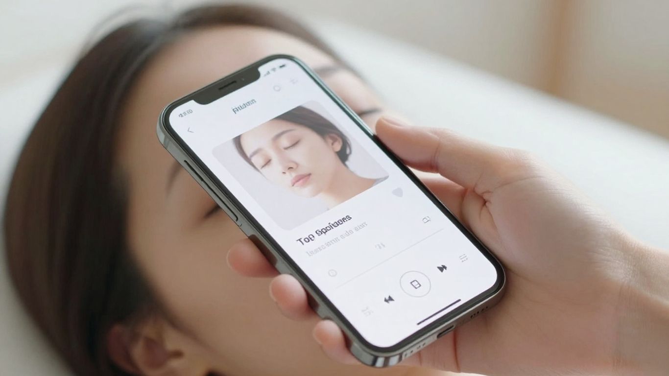 A close-up photographic shot of a person relaxing with closed eyes, listening to audio-guided meditation on a bright, minimalist interface.