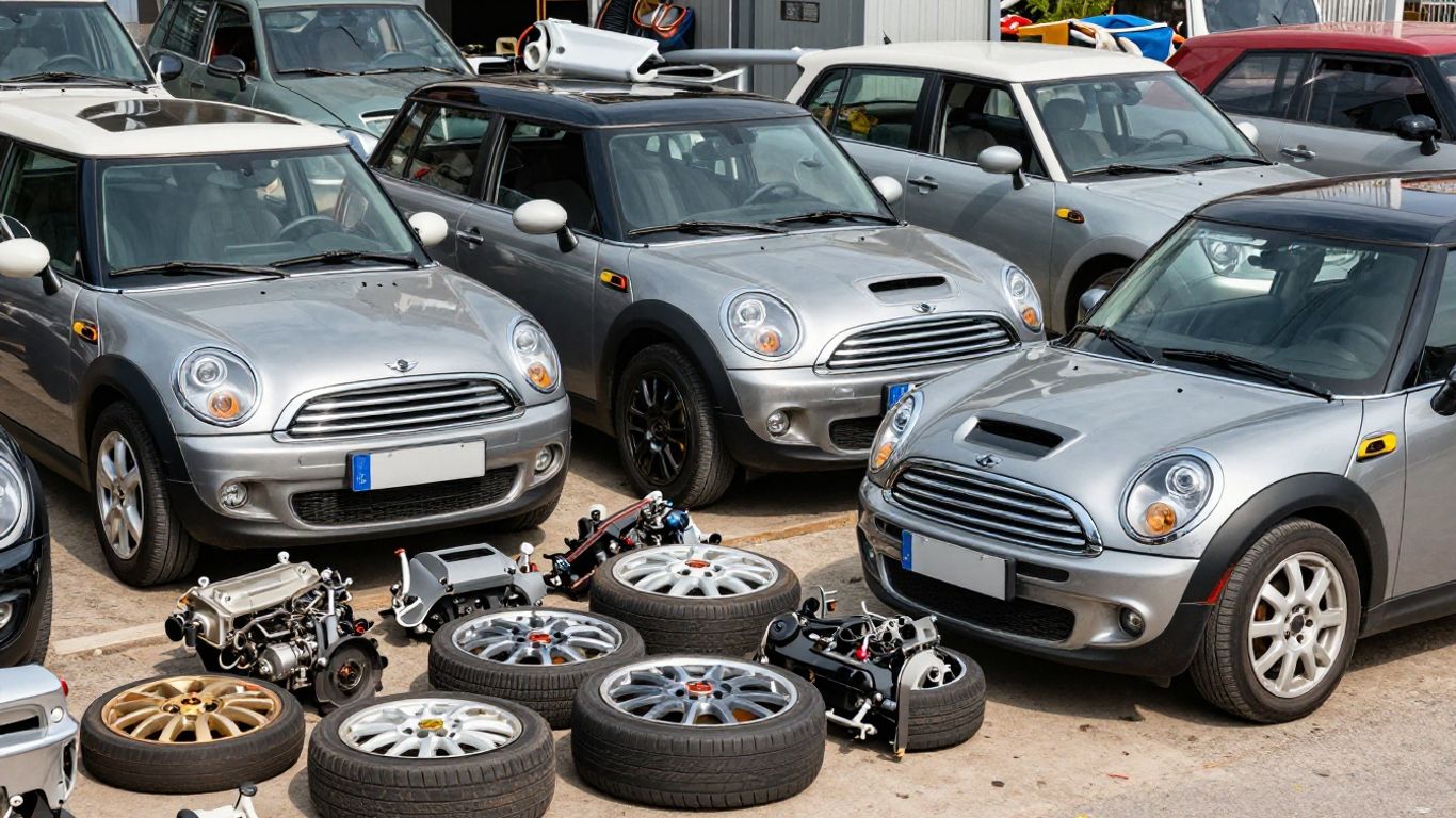 Mini Cooper Clubman parts at a wrecking yard.