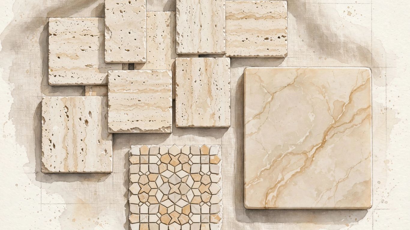 Ivory travertine tile and mosaic format samples