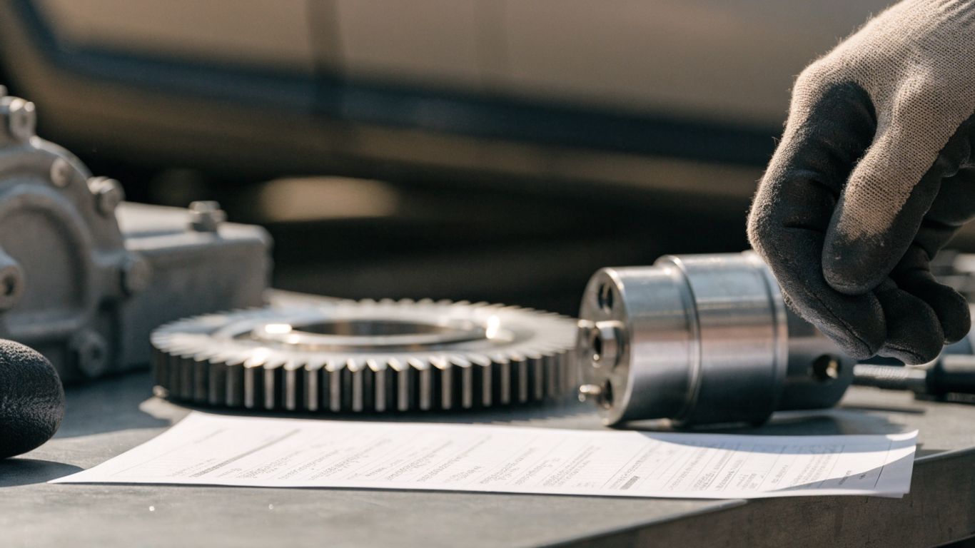 Written repair estimate beside vehicle gearbox components