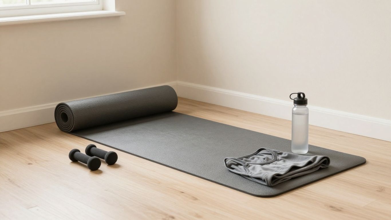 Yoga mat beside simple home workout gear