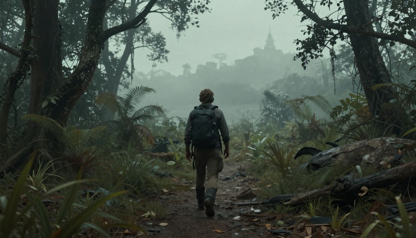 Cenário exuberante e misterioso de Dreamstranded com elementos de exploração