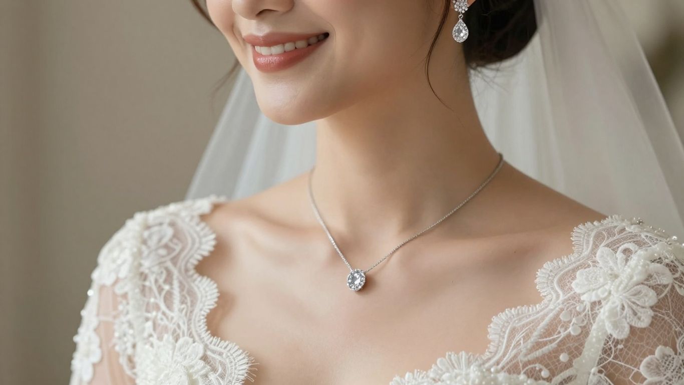 Bride wearing modern jewellery with her wedding gown.