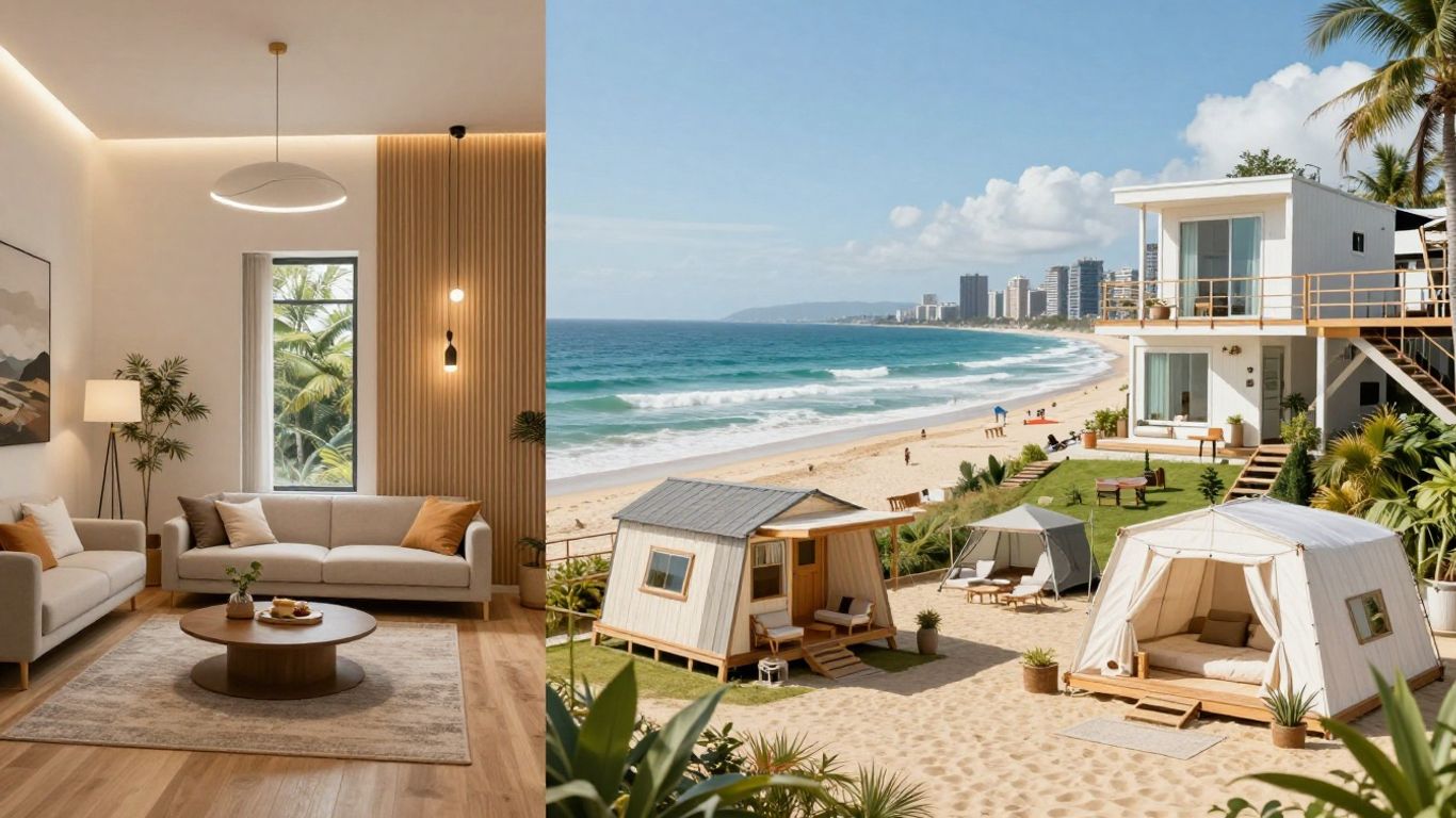 Vacation rental properties and stylish apartment interiors.