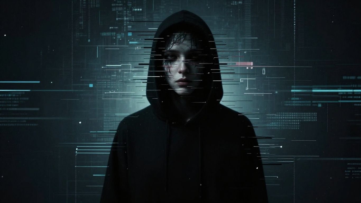 Shadowy figure with glitching face, AI voice scam concept.