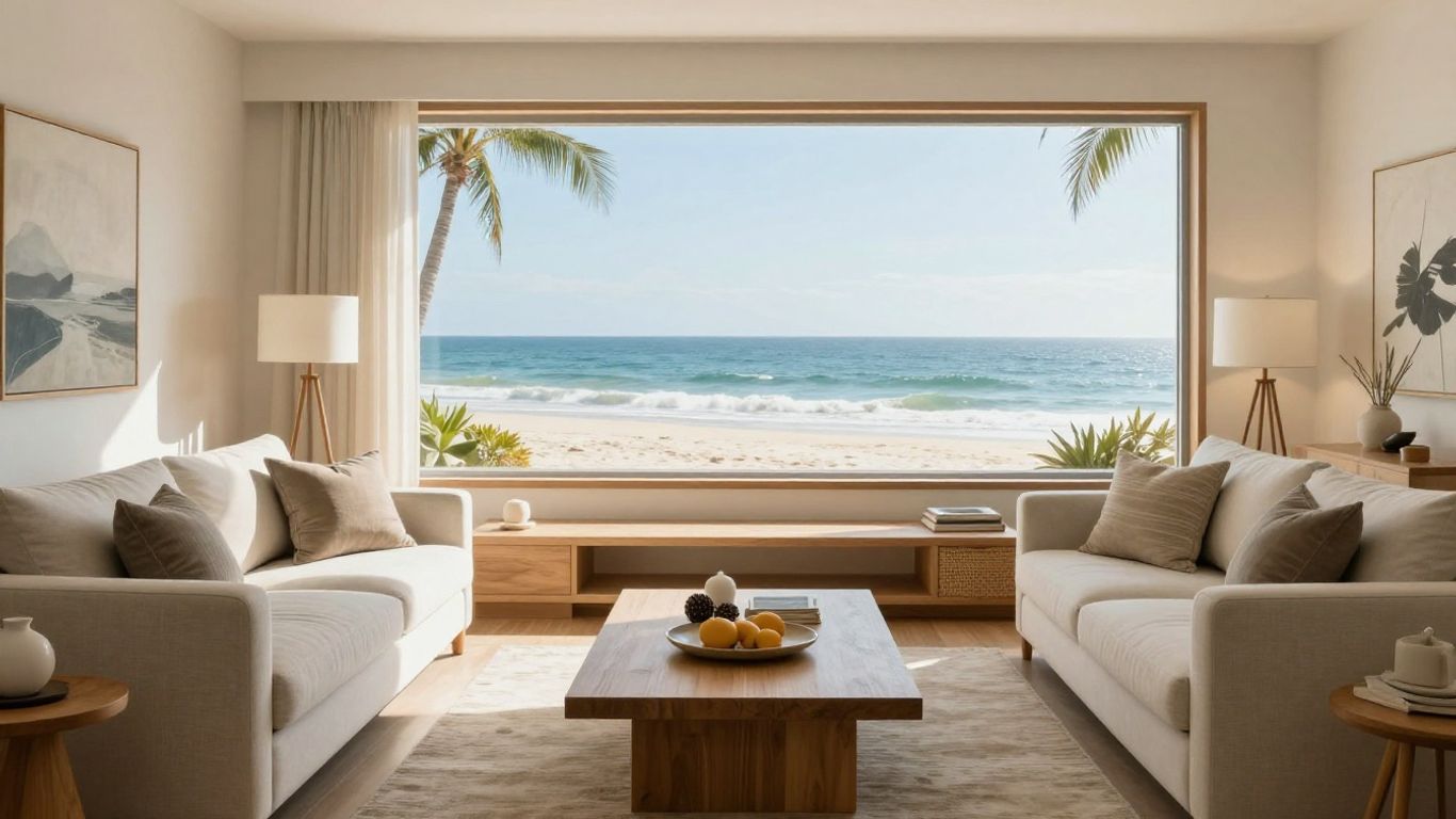 Beachfront Airbnb living room with ocean view.
