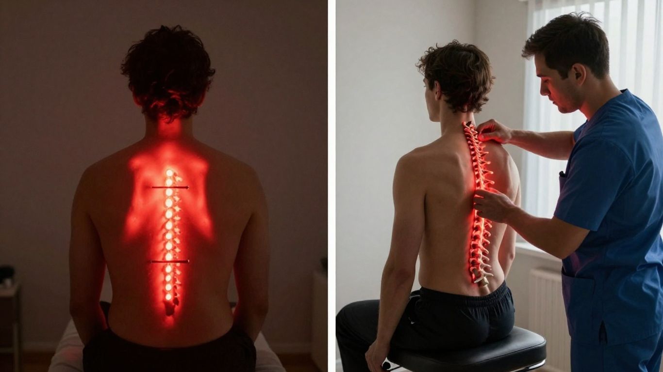 Red light therapy and chiropractic adjustment for healing.