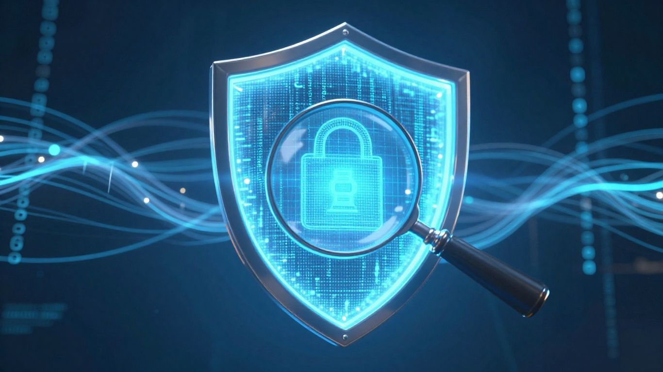 Magnifying glass over digital shield with code.