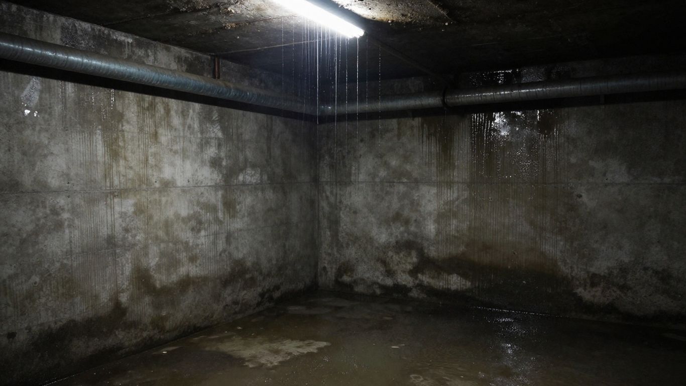 Feuchte Kellerwände mit Wasserflecken und Tropfen.