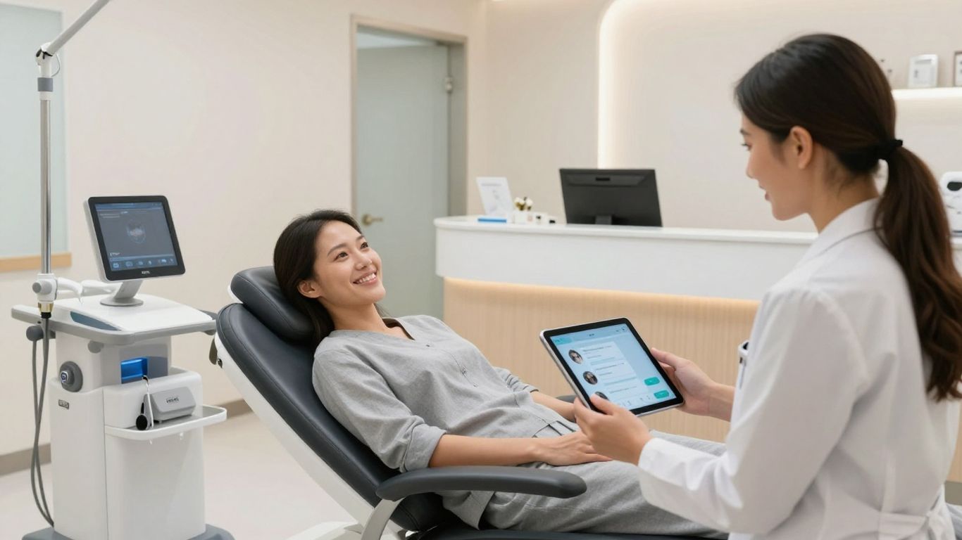 Aesthetic clinic receptionist using AI with a client
