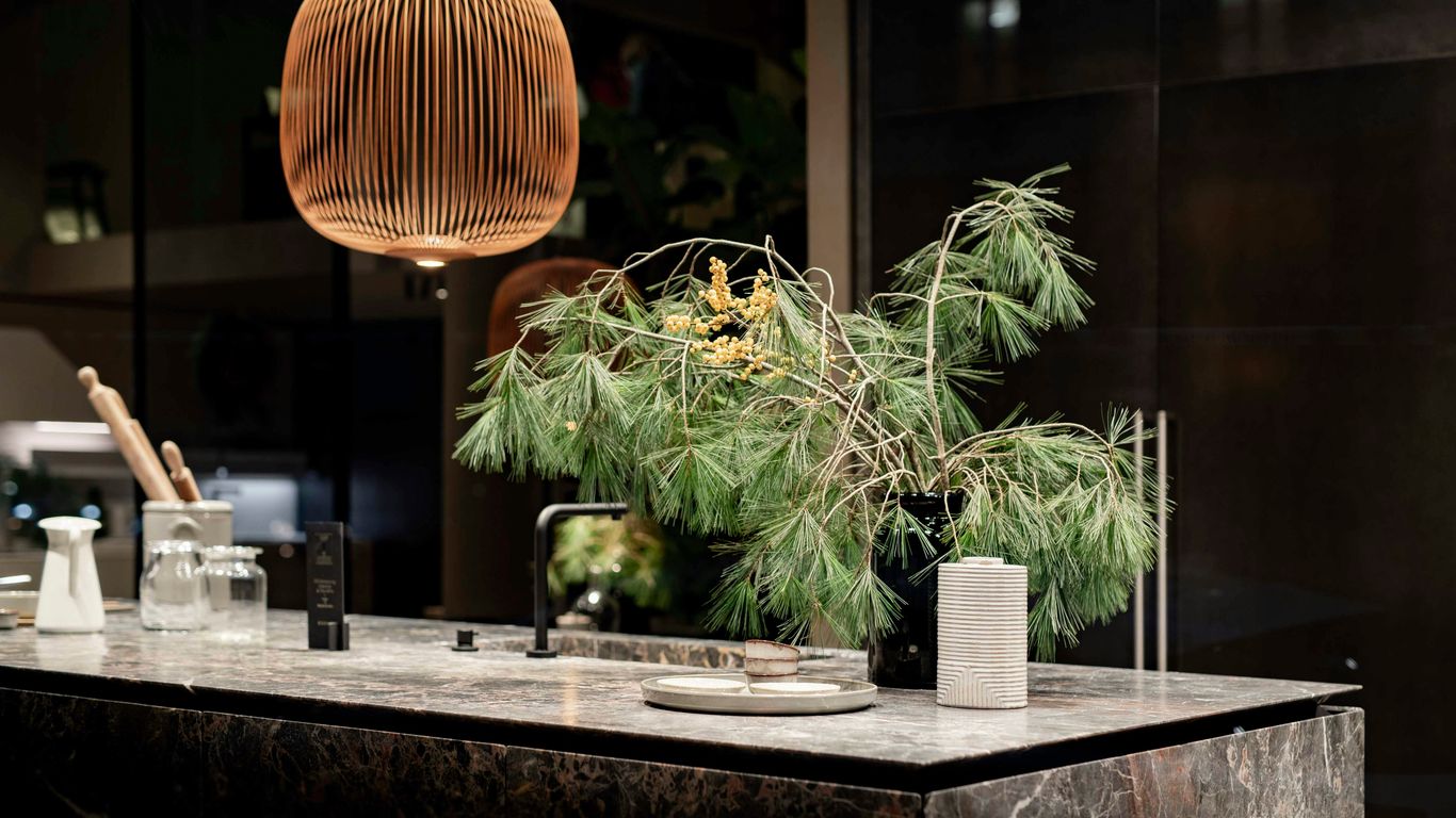 Veined marble tabletop in a bright interior