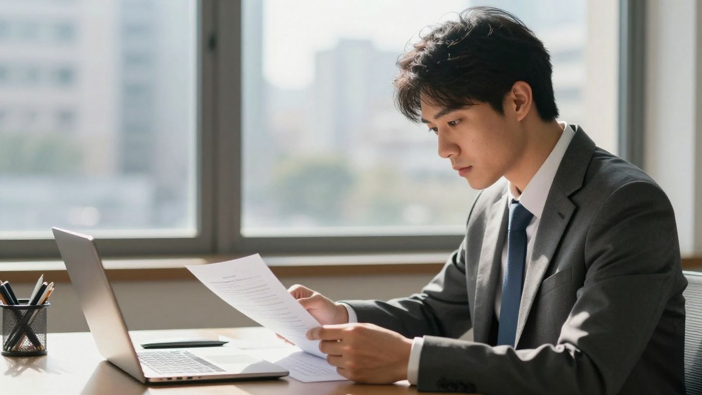 Person studying financial documents for stock broker licensing.