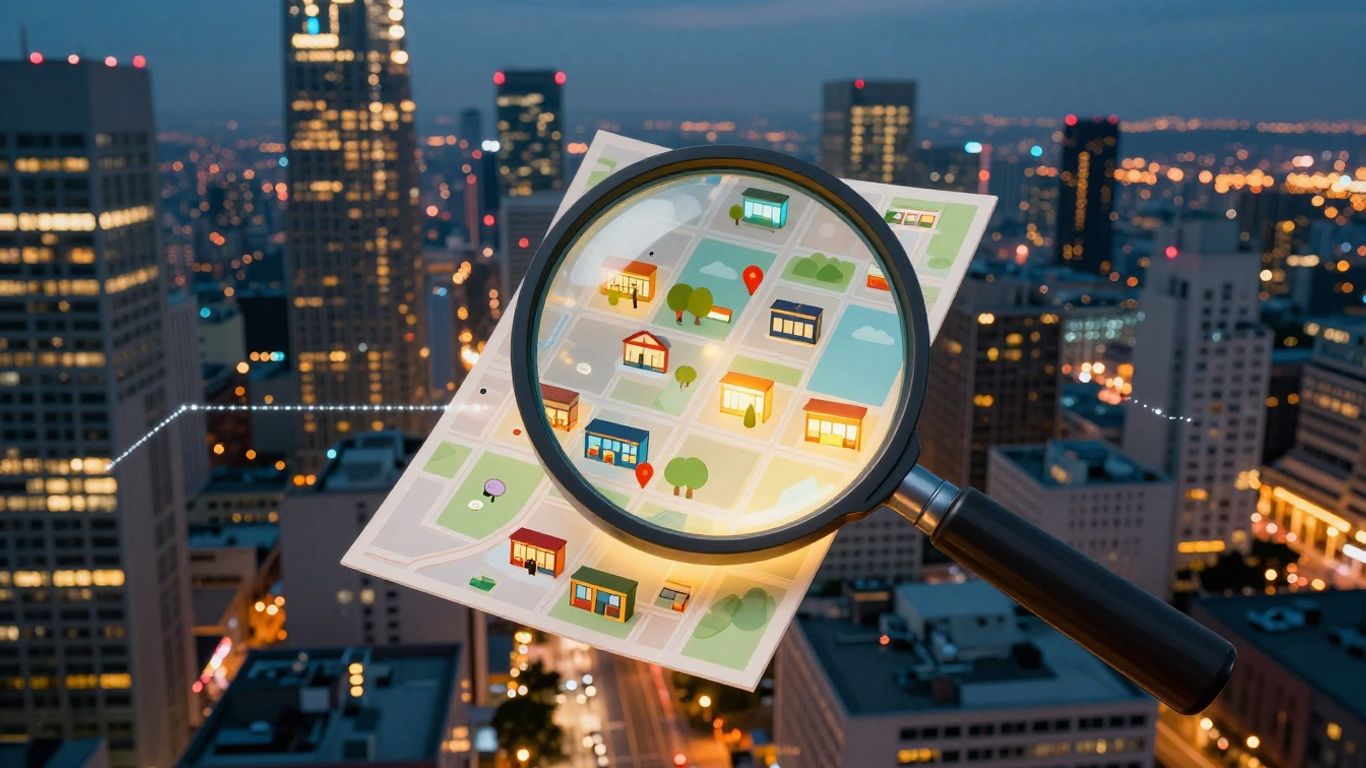 Local businesses connected by digital pathways in a cityscape.