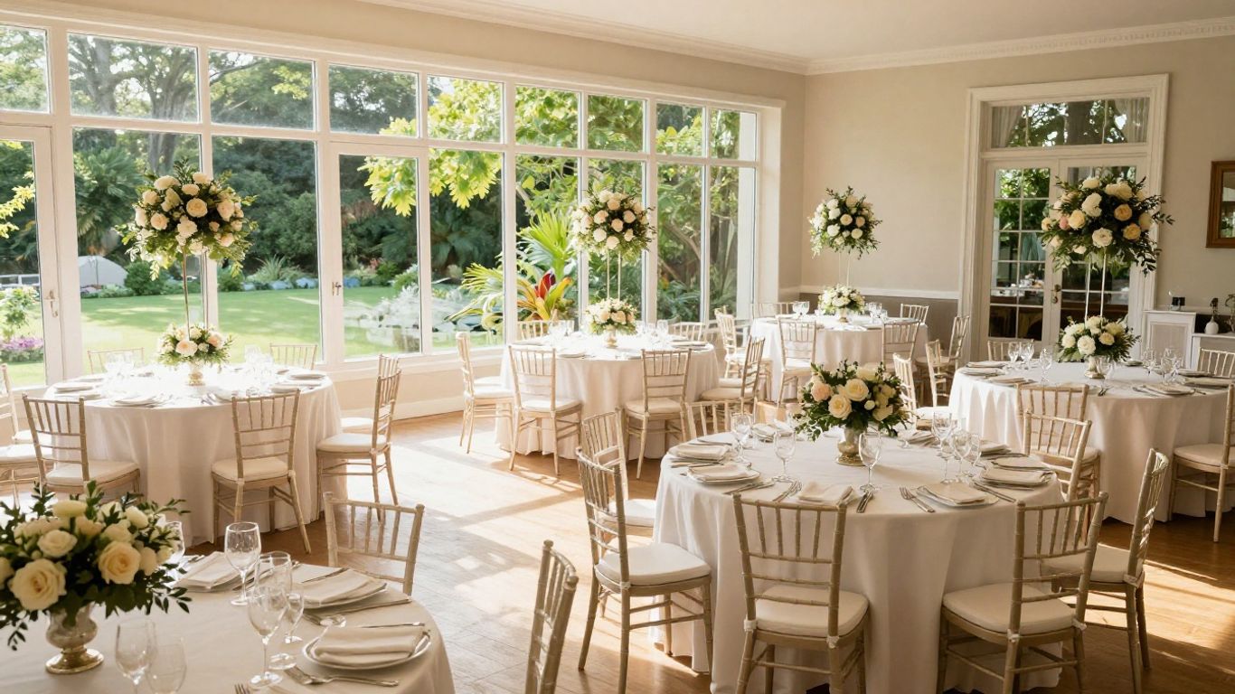 Elegant ballroom with tables and floral centerpieces in Addison, TX.
